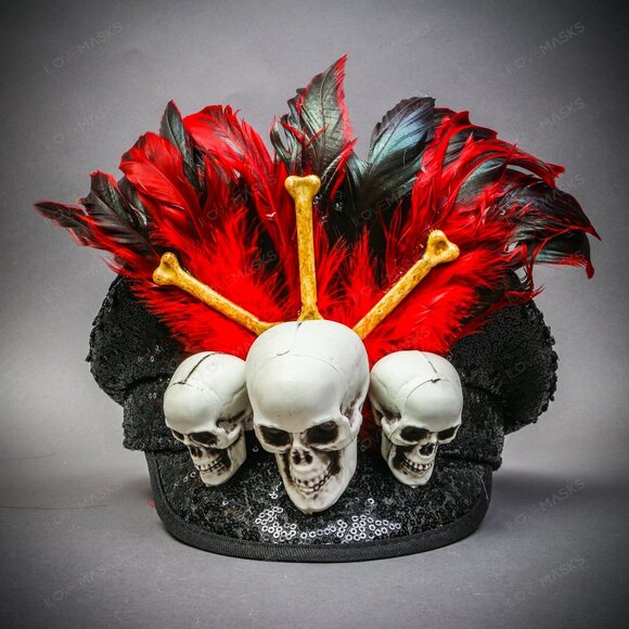 Halloween Red Feather Voodoo White Skull Fisherman Military Party Cap Black - Picture 2 of 6